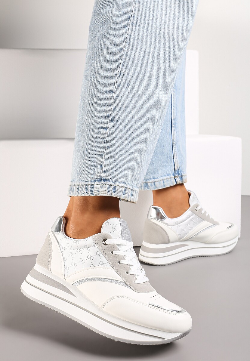Białe Sneakersy na Platformie z Metaliczną Wstawką Kariel