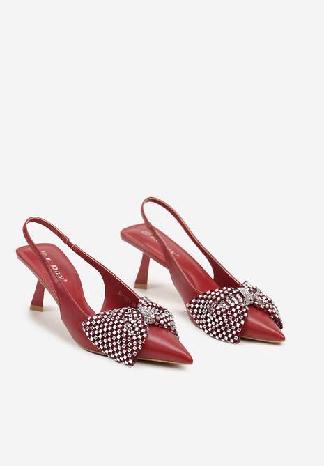 Bordowo-Czerwone Sandały na Szpilce Kaczuszce Wykończone Kokardą i Cyrkoniami Elitara