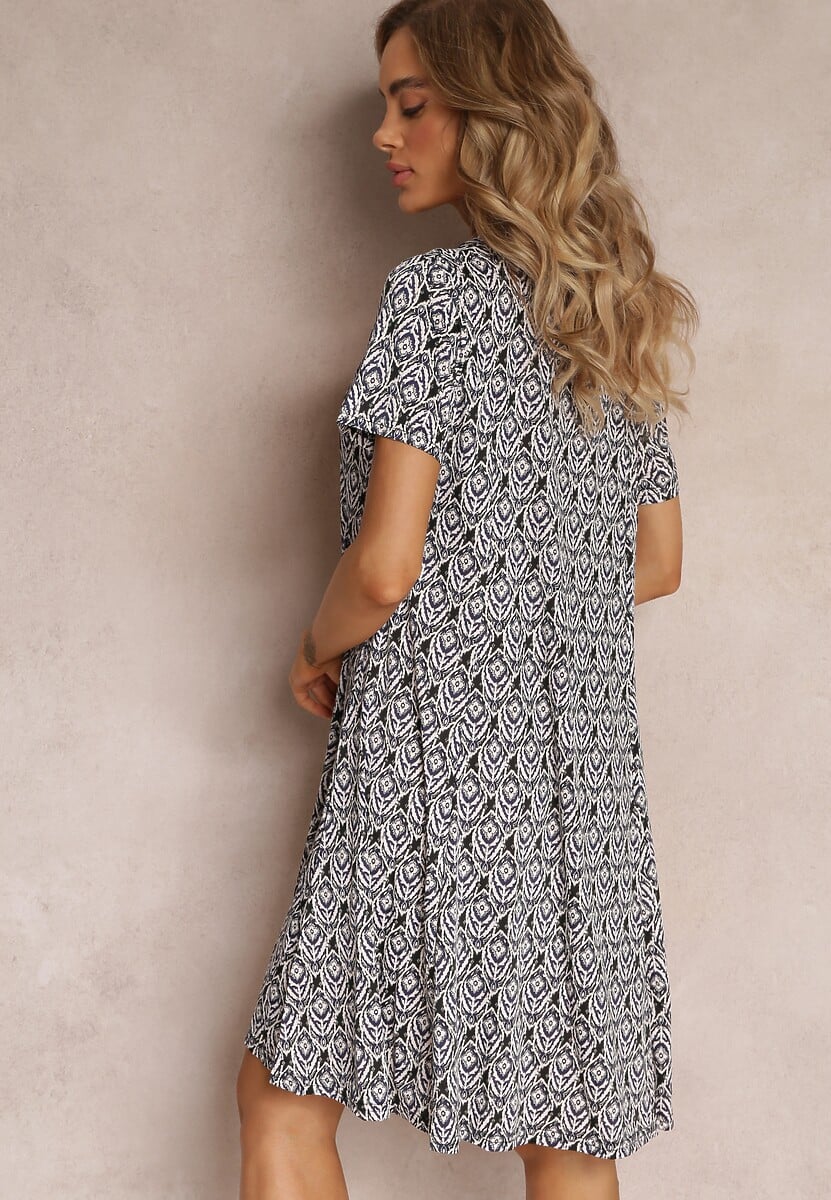 Czarno-Beżowa Sukienka Mini z Krótkimi Rękawami i Wzorem w Kwiaty Cassatha