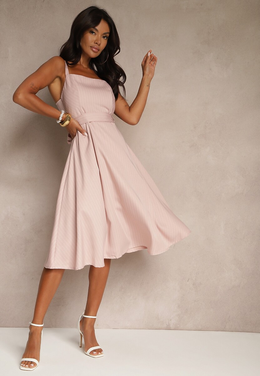 Różowa Rozkloszowana Sukienka z Wiskozą w Paski Dolavessa