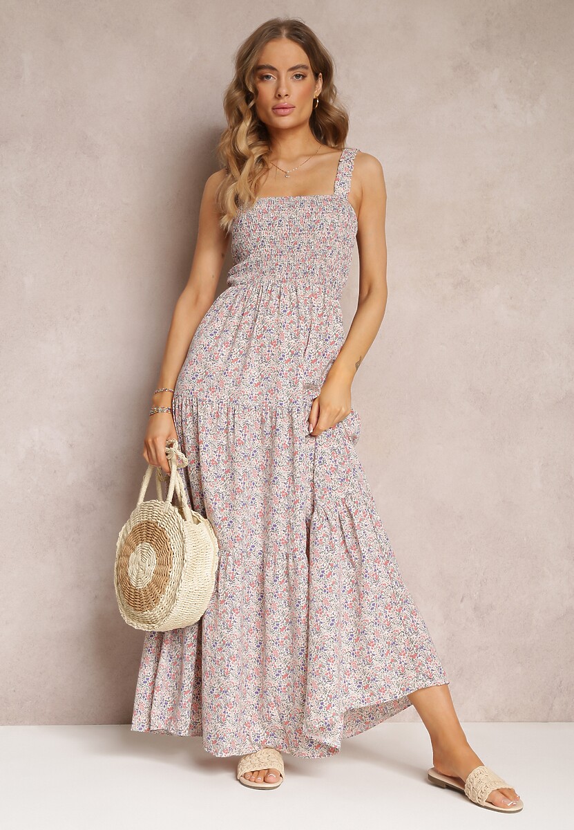 Jasnobeżowa Rozkloszowana Sukienka w Kwiaty na Ramiączkach Malaisia