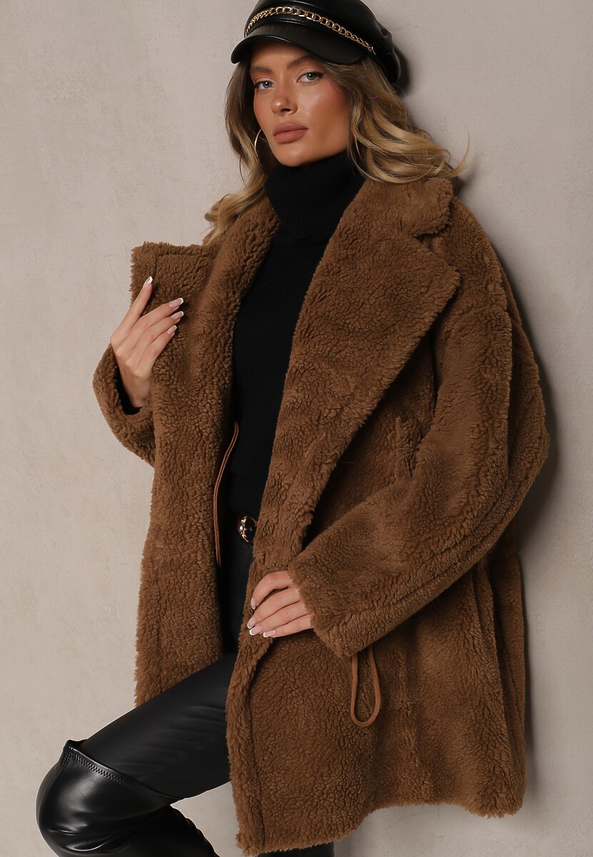 Brązowa Kurtka Futerko w Stylu Teddy Ściągane w Talii Enarithiel
