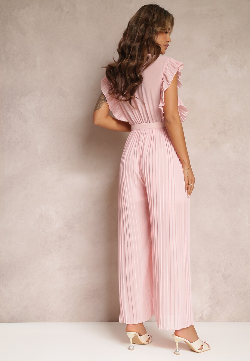 Różowy Plisowany Kombinezon z Falbankami i Szerokimi Nogawkami Jarina