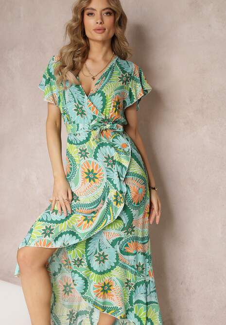 Zielona Kopertowa Sukienka Maxi z Materiałowym Paskiem i Gumką w Talii z Bawełny Alyn