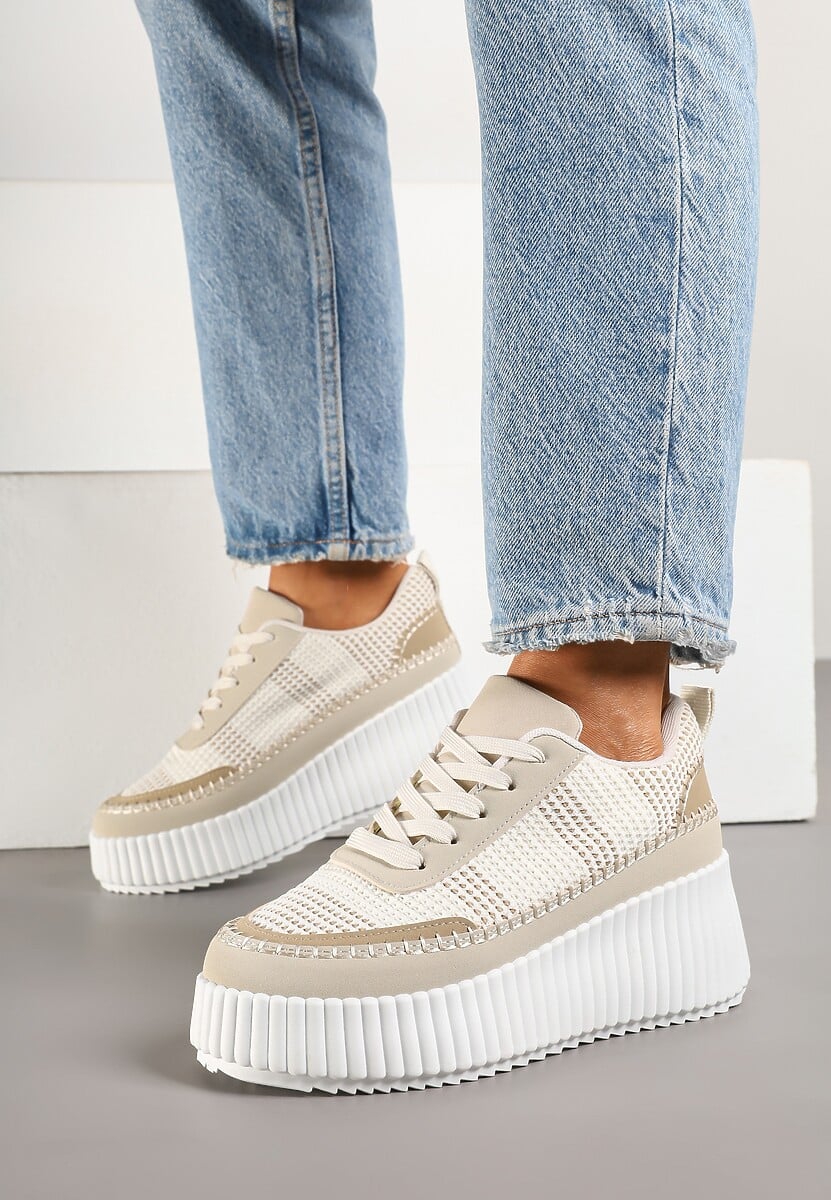 Beżowe Sneakersy na Tłoczonej Platformie z Ozdobnymi Przeszyciami Faloviela