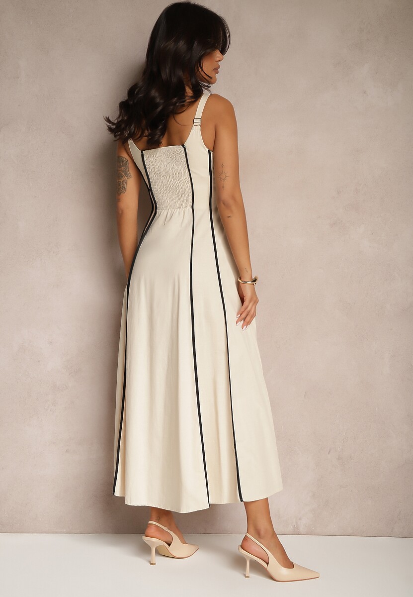 Jasnobeżowa Sukienka z Wiskozą o Rozkloszowanym Kroju w Pionowe Prążki Gonariel