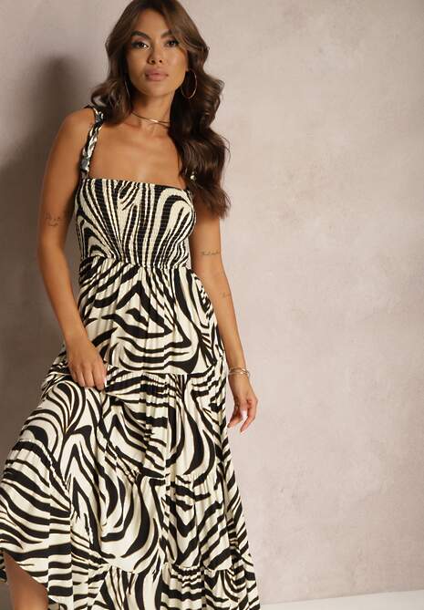 Czarno-Beżowa Sukienka z Wiskozy na Ramiączkach o Rozkloszowanym Kroju Odcinana pod Biustem Mezorea