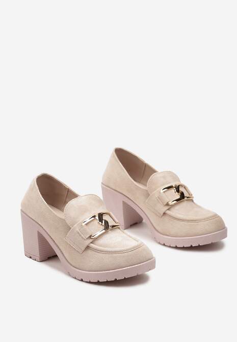 Beżowe Półbuty na Słupku Ozdobione Klamerką Nicarda