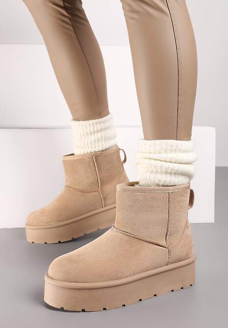 Ciemnobeżowe Wsuwane Śniegowce na Gładkiej Platformie Irindara