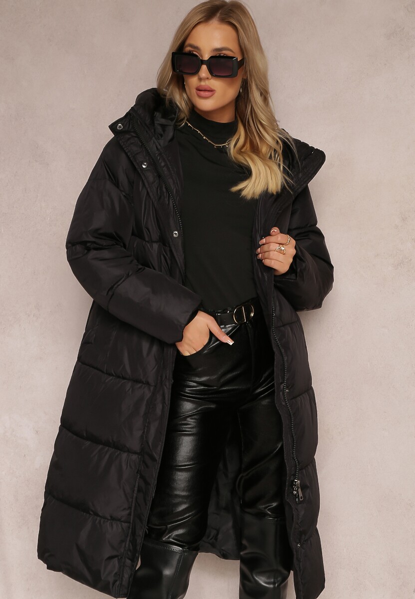 Brązowa Kurtka za Kolano Pikowana z Kapturem Nafesa