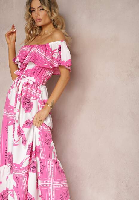 Różowo-Biała Hiszpanka Sukienka z Gumką w Talii i Materiałowym Paskiem z Falbankami Xoneri