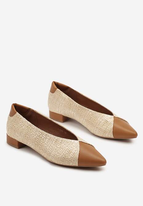 Brązowe Czółenka Ozdobione Plecionką na Płaskim Obcasie Selliova