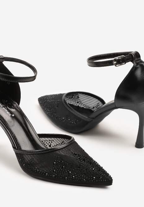 Czarne Sandały Szpilki z Siateczkowym Noskiem w Szpic Zdobionym Cyrkoniami Alirenda