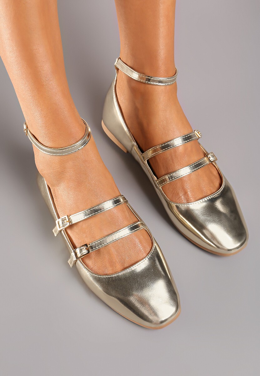 Złote Klasyczne Balerinki Zapinane na Paseczki z Ozdobnymi Klamerkami Lerithana