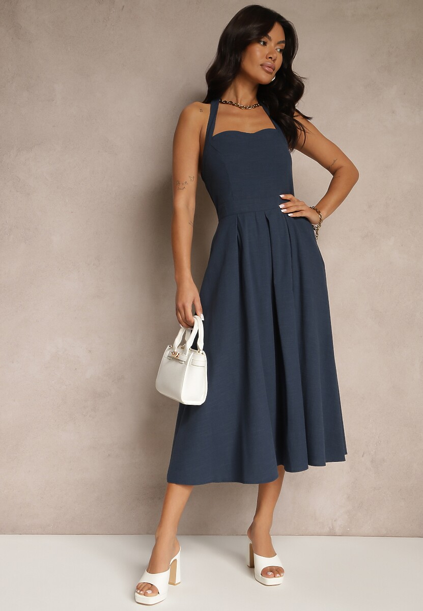Granatowa Rozkloszowana Sukienka z Bawełną i Wiskozą na Szyję Kinulia