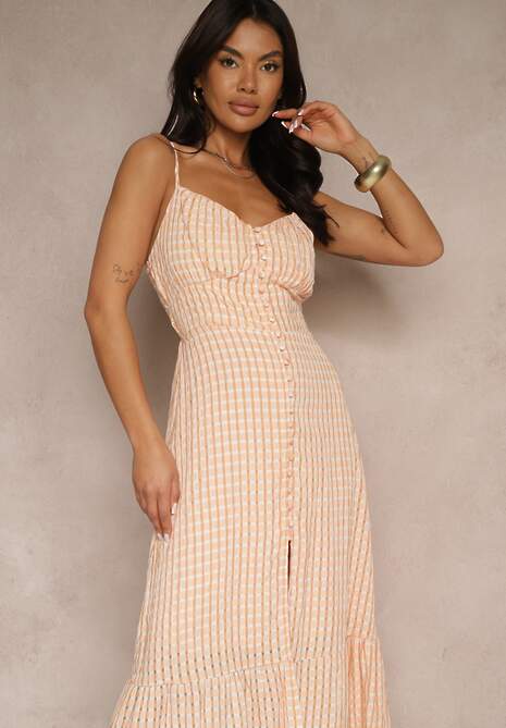 Pomarańczowa Rozkloszowana Sukienka z Wiskozą na Cienkich Ramiączkach z Guzikami Efrisela