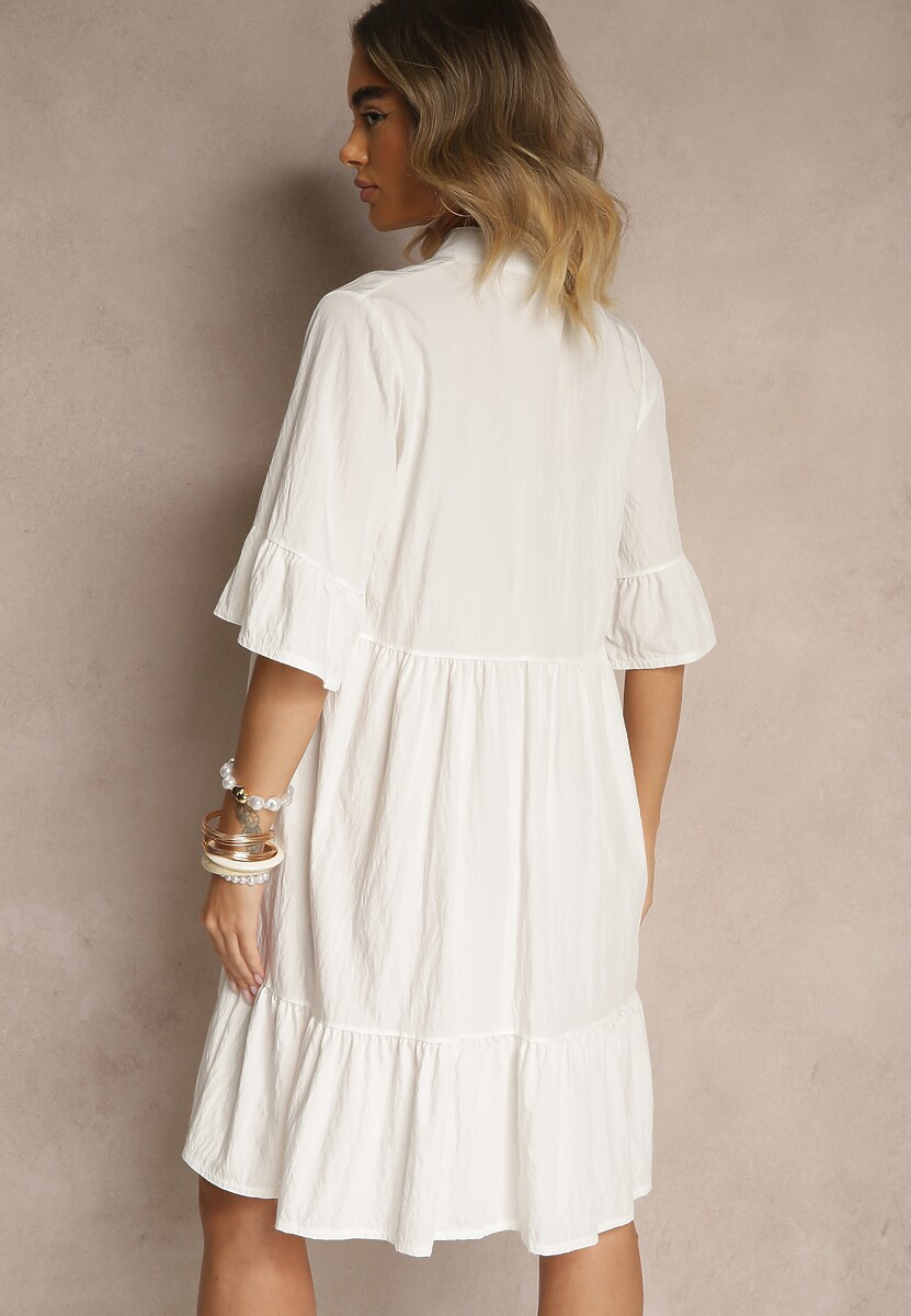 Biała Rozkloszowana Sukienka z Wiskozą i Falbanami Eviranna