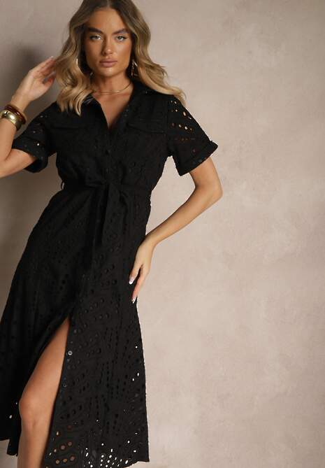 Czarna Ażurowa Sukienka Koszulowa Ozdobiona Paskiem Rinailia