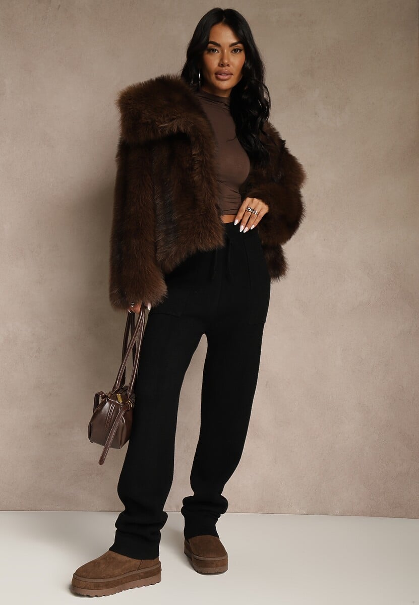 Czarne Spodnie z Wełną ze Sznurkiem i Ozdobnymi Kieszeniami Moneressa