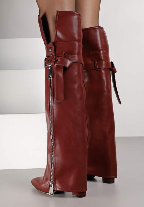 Bordowe Kozaki Kowbojki na Słupku Ozdobione Suwakiem Klamrą i Wywiniętą Cholewką Kelvila