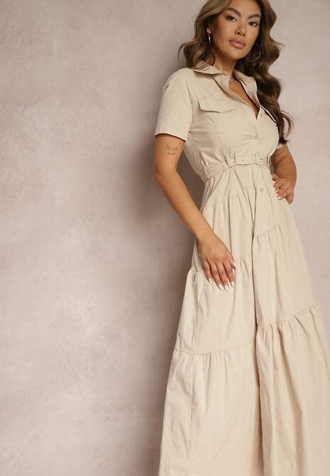 Beżowa Bawełniana Sukienka o Rozkloszowana Zwężana w Talii Nenefia