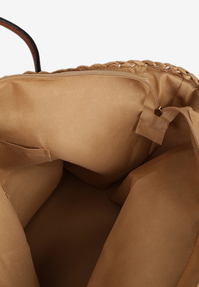 Beżowo-Brązowa Torebka z Plecionki z Dodatkową Kieszonką z Ekoskóry Cosina