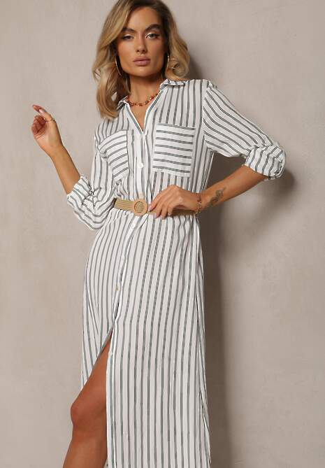 Biało-Zielona Koszulowa Sukienka Midi w Paski z Lnem i Plecionym Paskiem Efordia