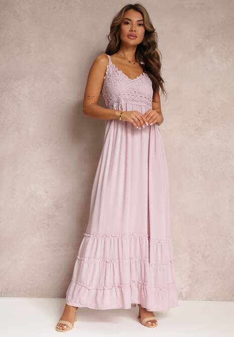 Różowa Rozkloszowana Sukienka Maxi z Koronką i Głębokim Dekoltem Zonila