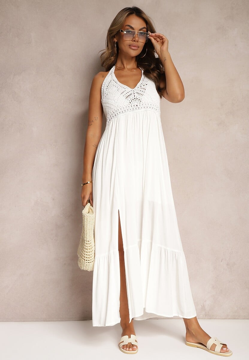 Biała Sukienka Boho Rozkloszowana z Wiskozy Risalenne