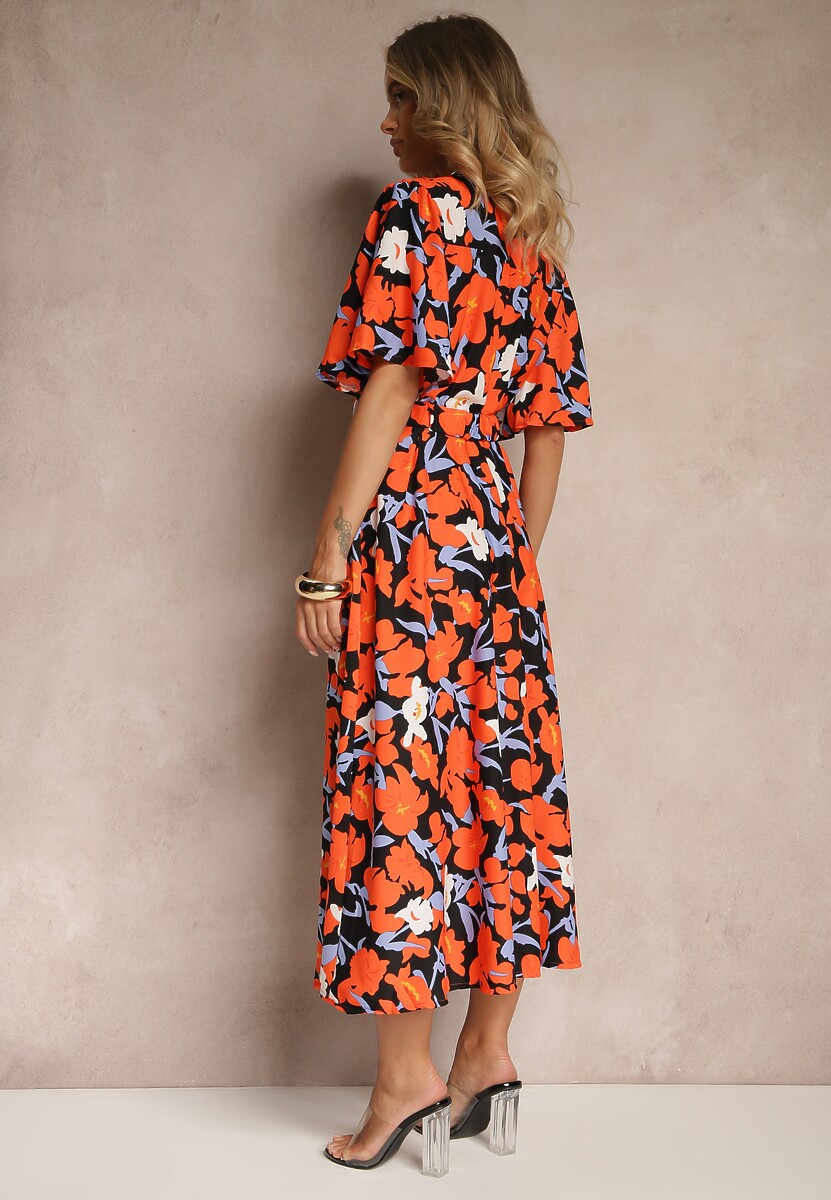 Pomarańczowa Kwiatowa Sukienka z Bawełną Ozdobiona Bufiastymi Rękawami Lunelira