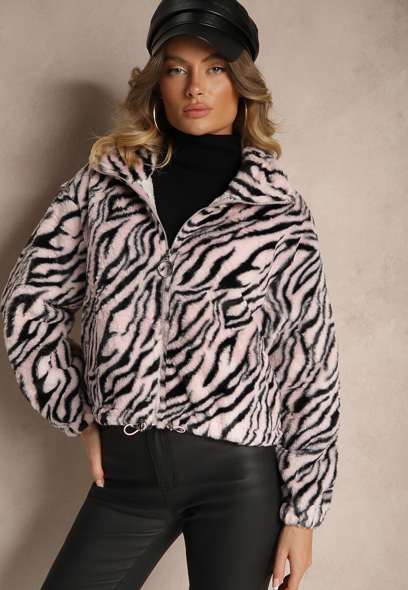 Beżowa Kurtka Futerko w Zebrowy Print ze Ściągaczem i Kieszeniami Felremi