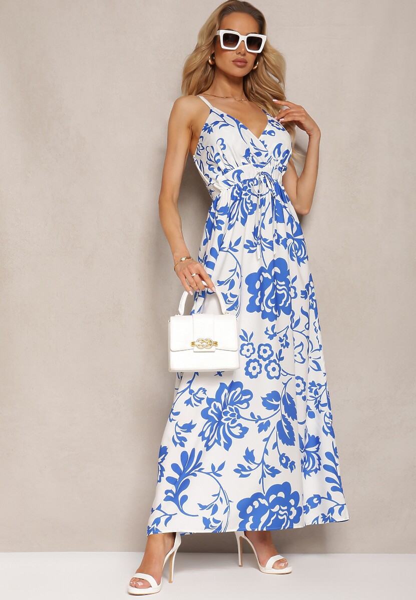 Fuksjowo-Biała Sukienka z Gumkami na Plecach Ściągana w Talii z Regulowanymi Ramiączkami Falora