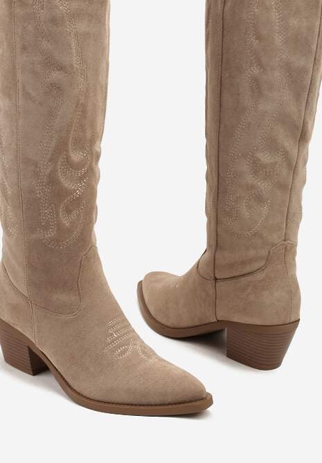 Ciemnobeżowe Kozaki Kowbojki w Klasycznym Stylu z Imitacji Zamszu Lataselia