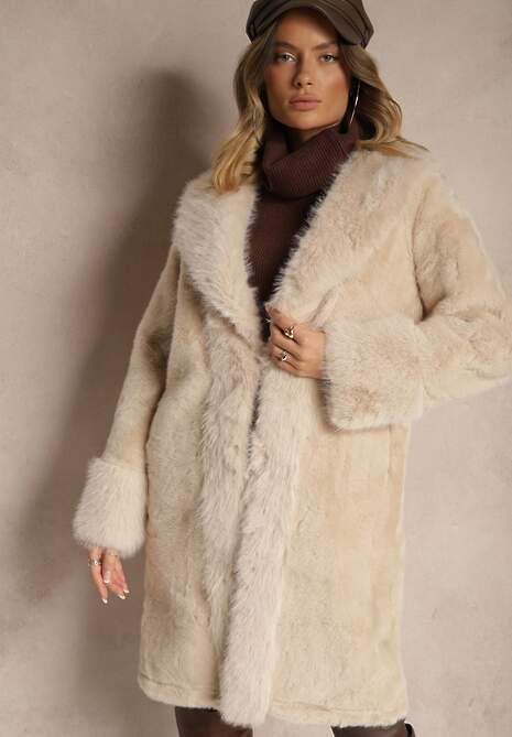 Beżowa Kurtka Futro o Długim Kroju z Wiskozą Ninnarlia