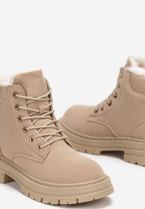 Ciemnobeżowe Traperki Mocno Ocieplone Sztucznym Futerkiem Janeka