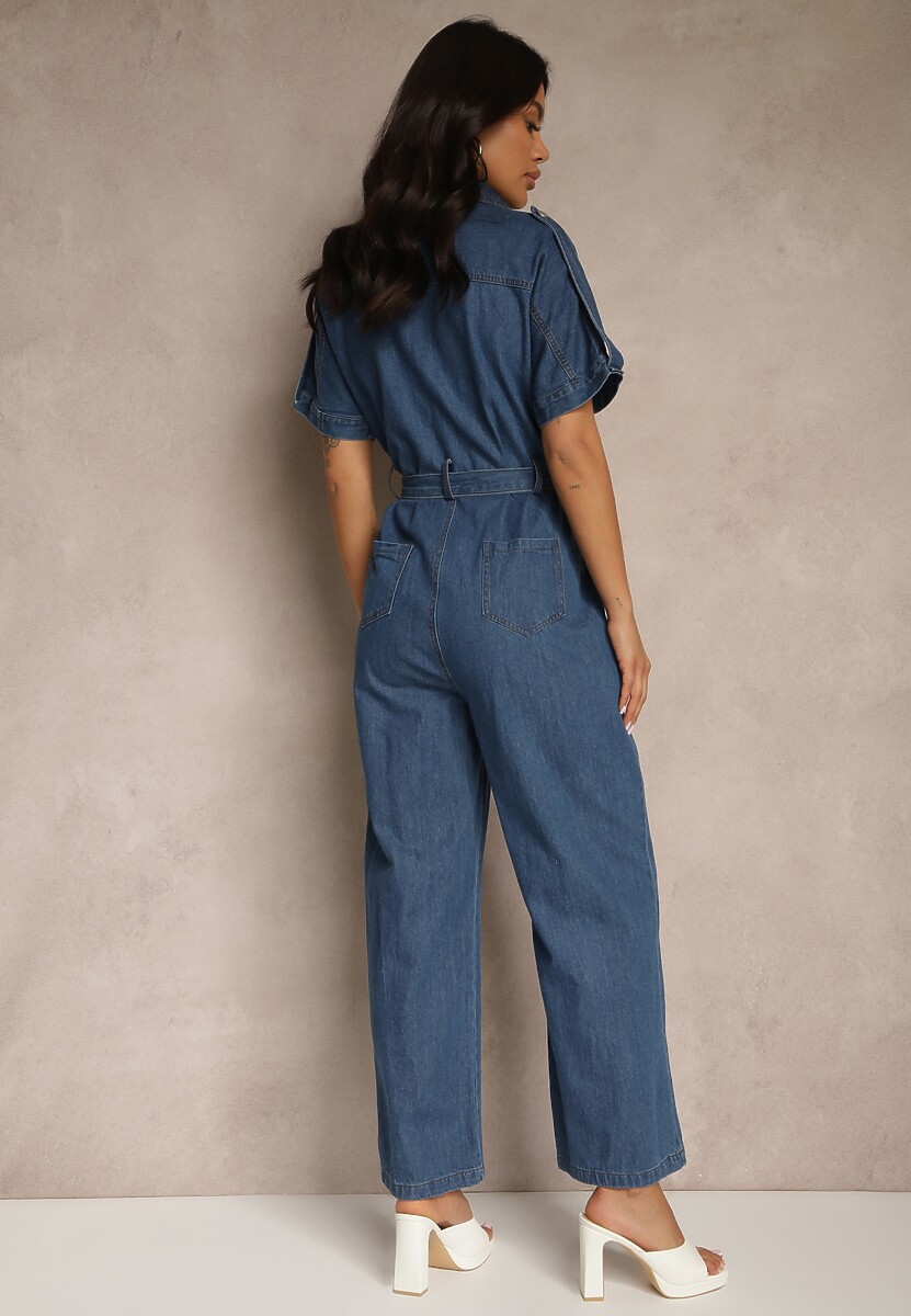 Granatowy Denimowy Kombinezon z Bawełny z Materiałowym Paskiem w Talii i Szerokimi Nogawkami Yonadea