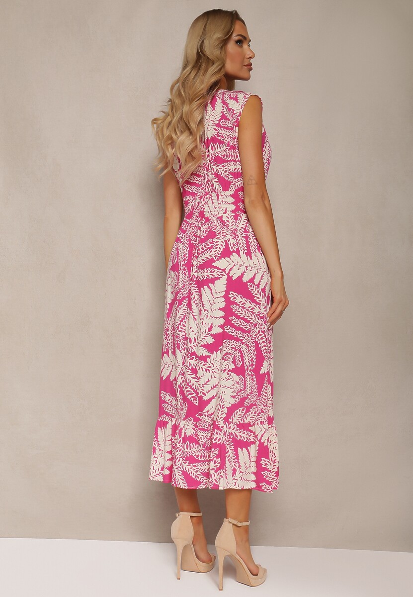 Fuksjowa Rozkloszowana Sukienka z Wiskozy z Gumką w Talii i Trójkątnym Dekoltem Ilnesta