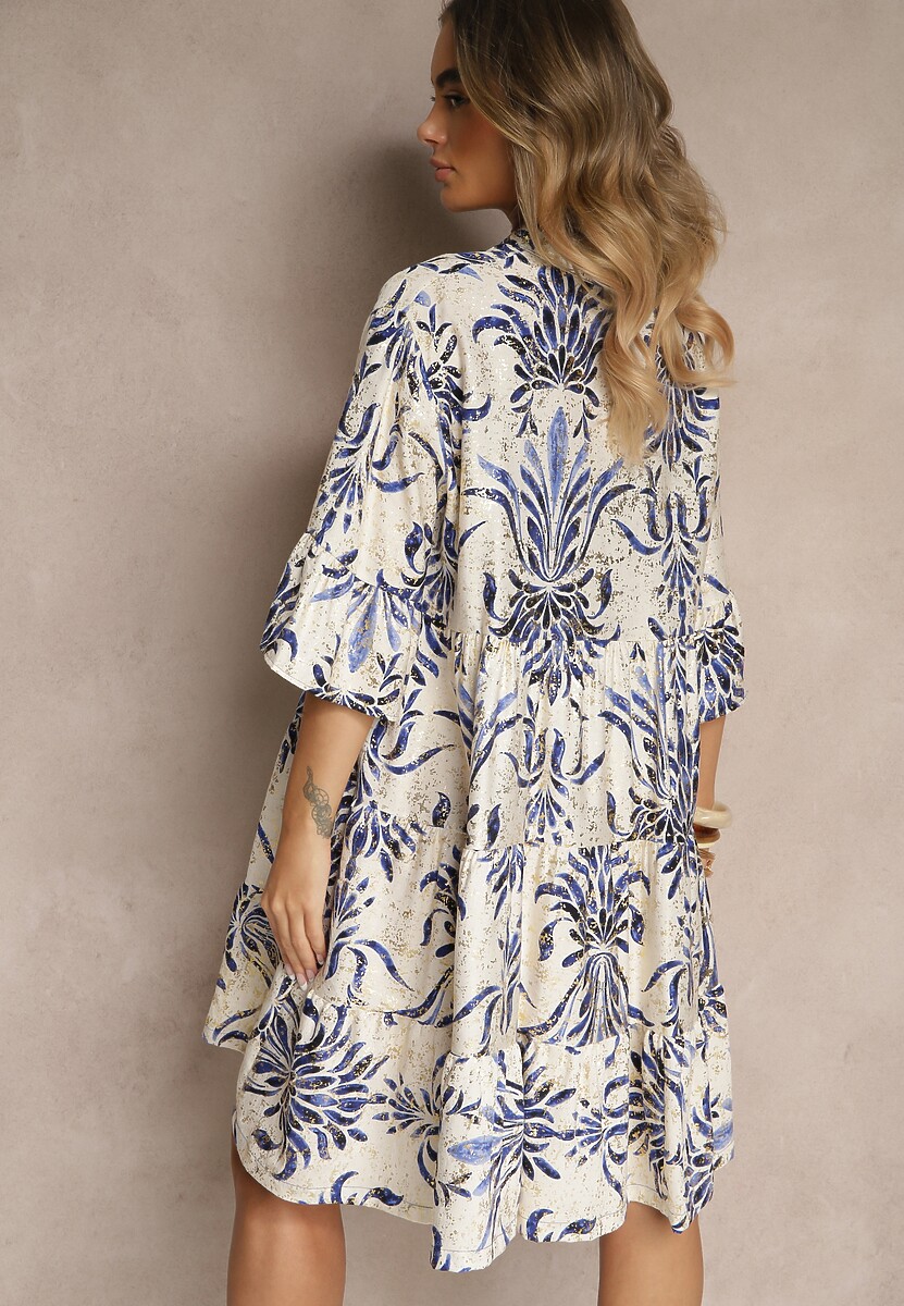 Niebiesko-Beżowa Sukienka z Lnem o Rozkloszowanym Kroju Zdobiona Metalicznym Nadrukiem Filinwena
