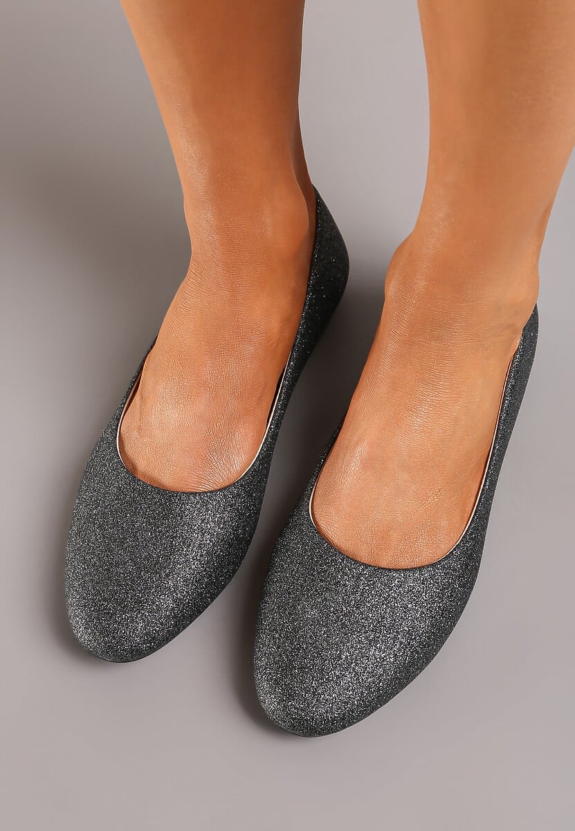 Czarne  Brokatowe Balerinki na Płaskiej Podeszwie Uarneli