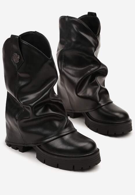 Czarne Marszczone Botki Ozdobione Wywiniętą Cholewką z Aplikacją Galire