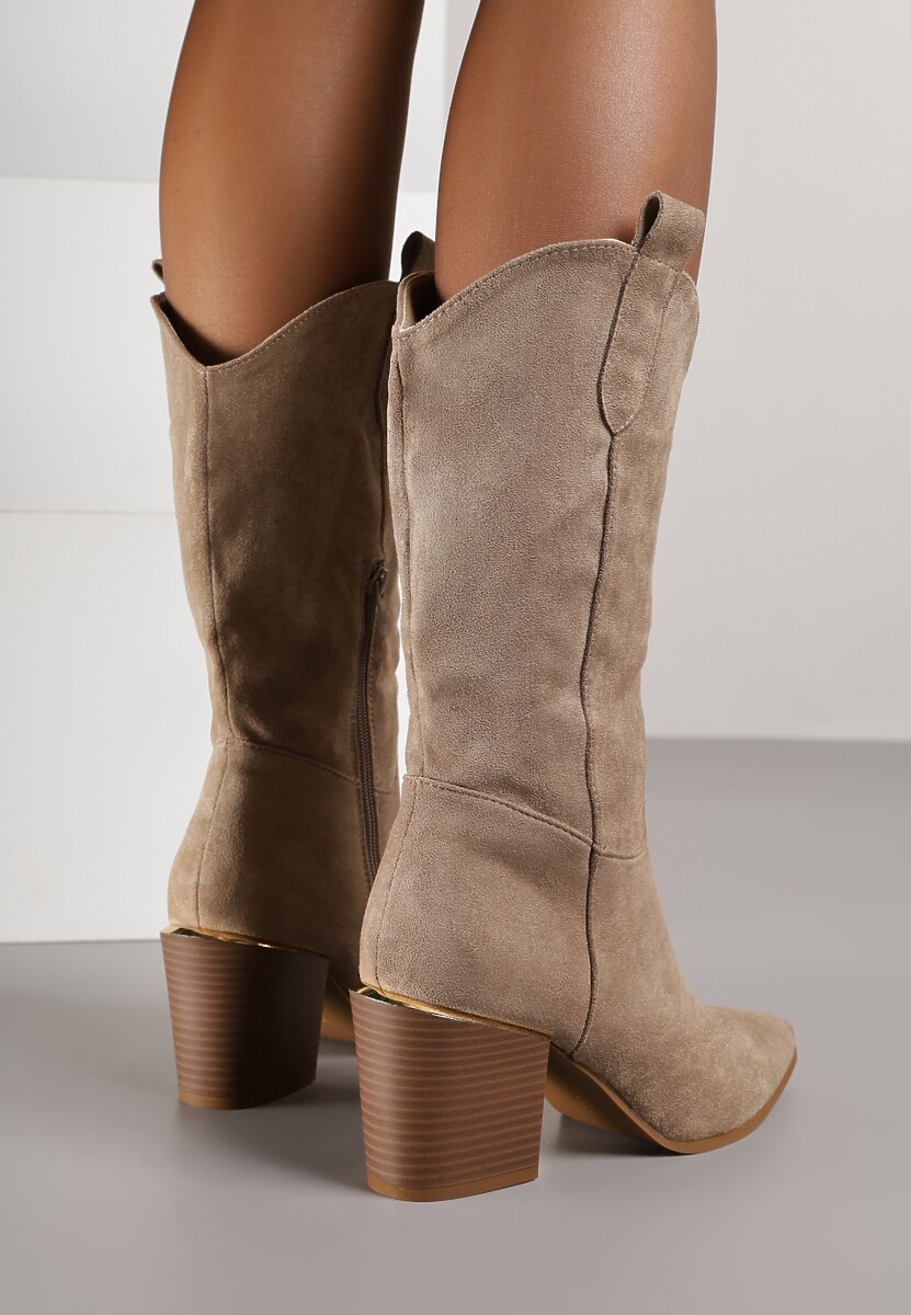 Ciemnobeżowe Botki w Stylu Kowbojek na Obcasie z Długą Cholewką Mabilla