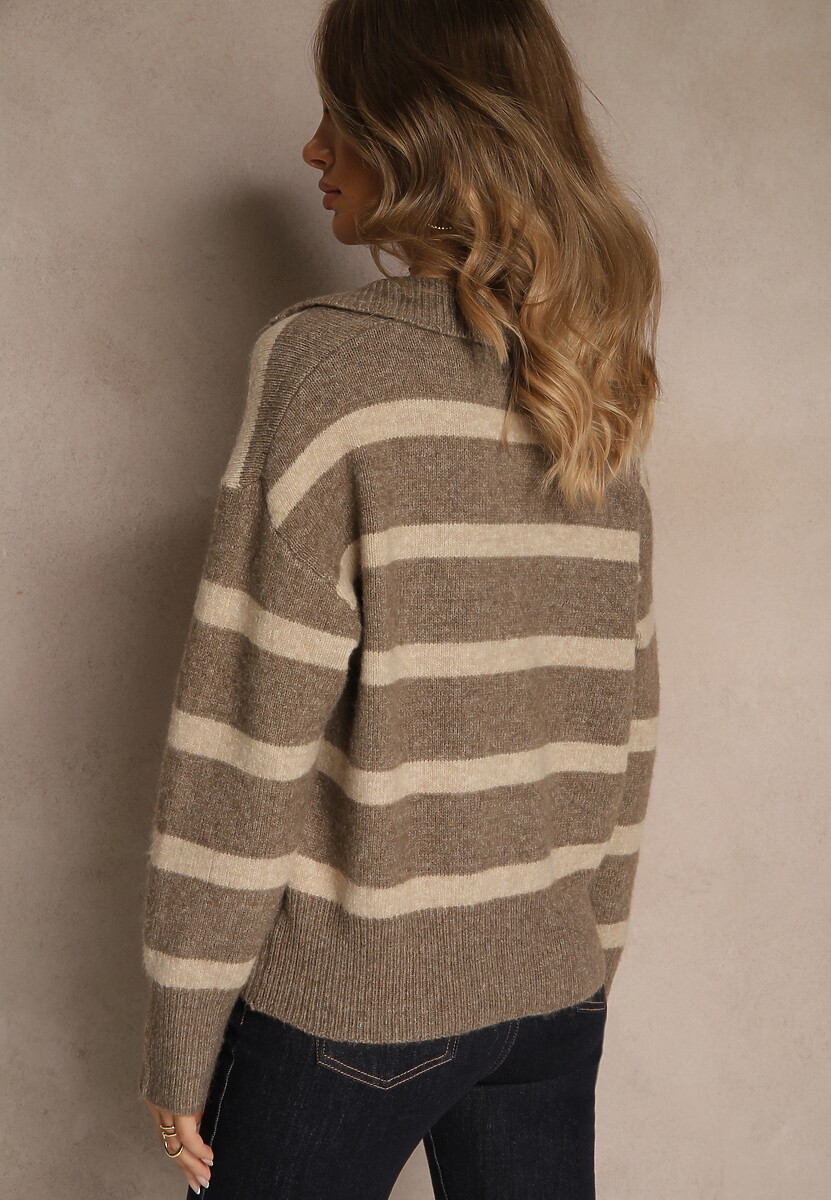 Beżowy Sweter z Wełną Zdobiony Kołnierzykiem i Wzorem w Paski Tevila