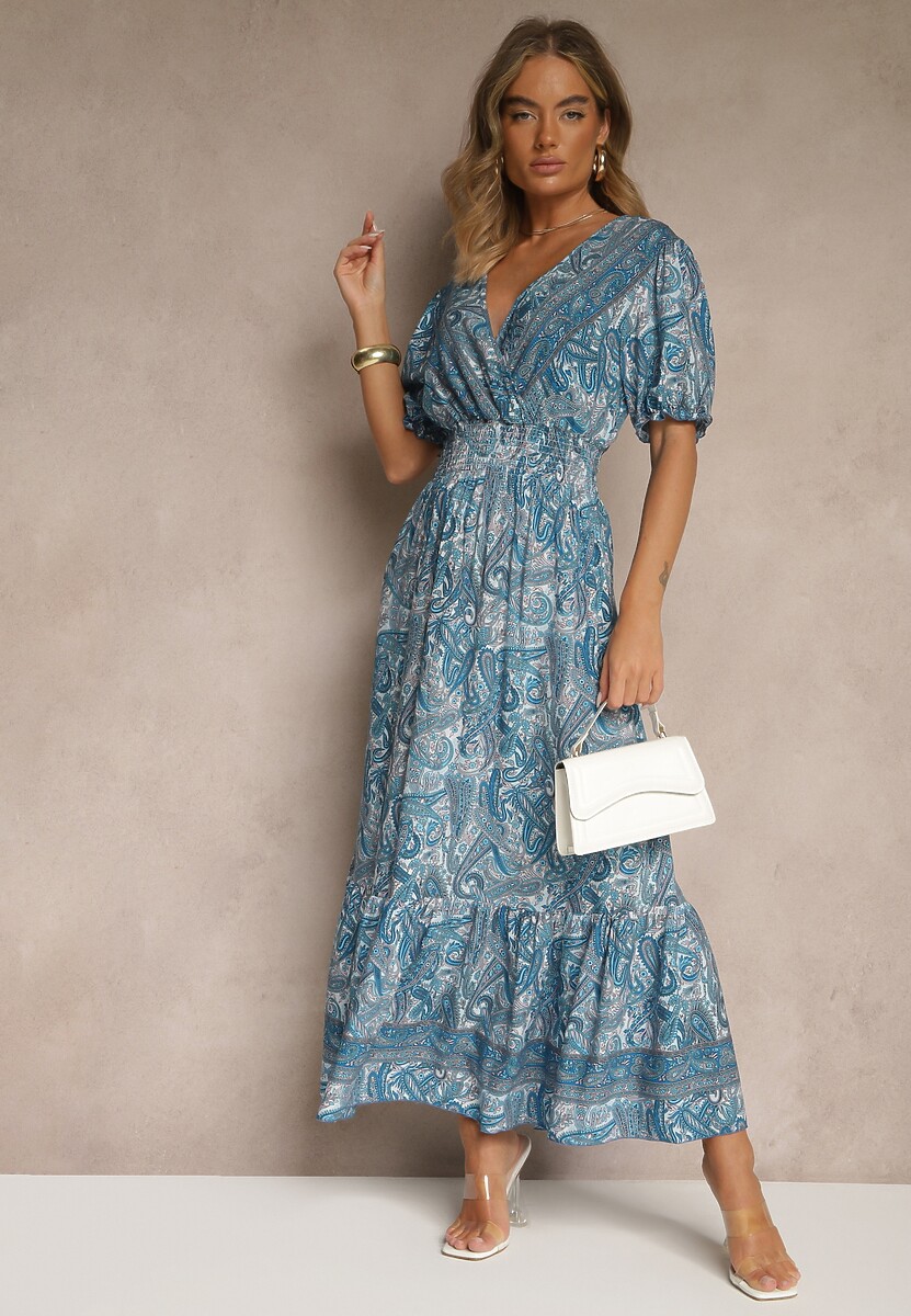 Niebieska Rozkloszowana Sukienka z Bawełny Zdobiona Wzorem Paisley Folitea