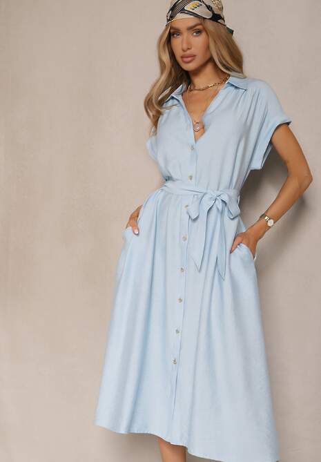 Niebieska Koszulowa Sukienka z Wiskozy Ozdobiona Paskiem Rinalitia