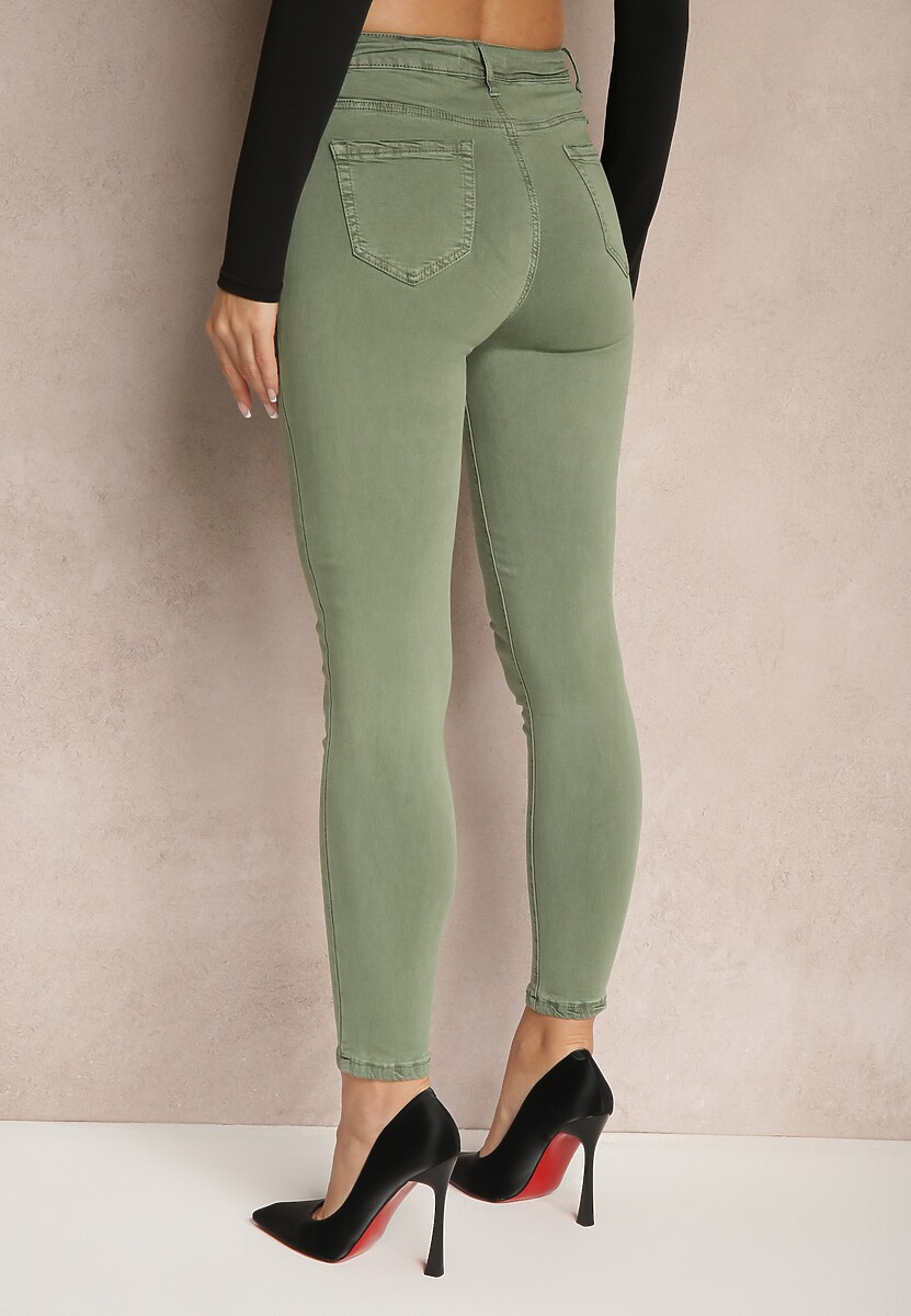 Ciemnozielone Spodnie Skinny z Wysokim Stanem i Ozdobną Chustką Hyadia