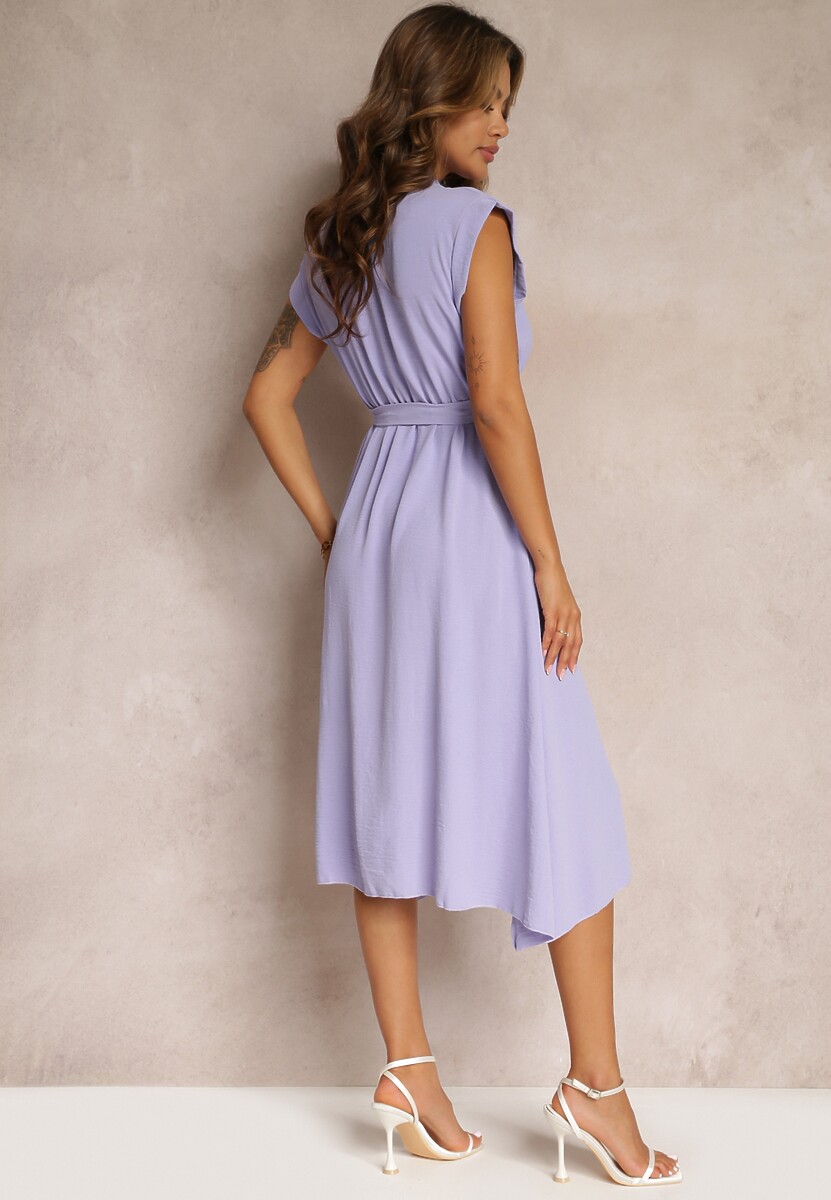 Fioletowa Sukienka Midi z Guzikami i Materiałowym Paskiem Nylalik