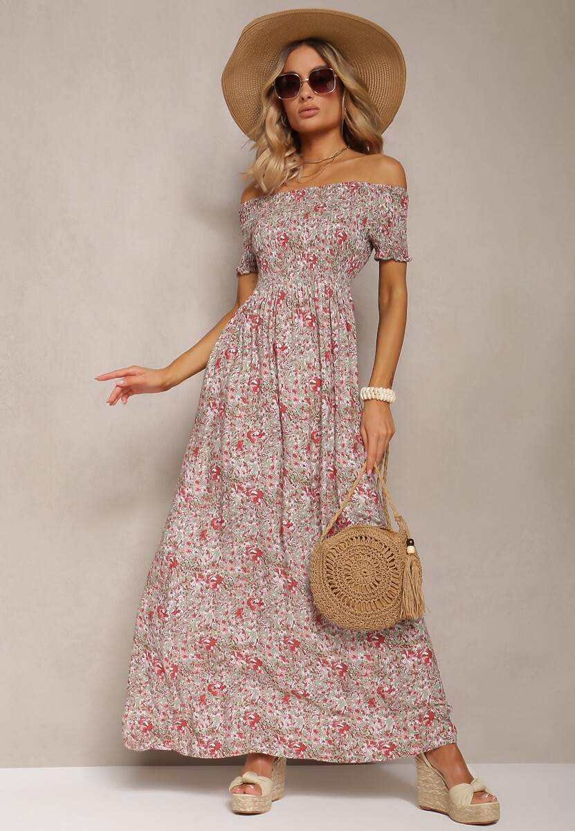 Różowa Długa Sukienka Bawełniana Hiszpanka w Kwiatowy Wzór Nrosa