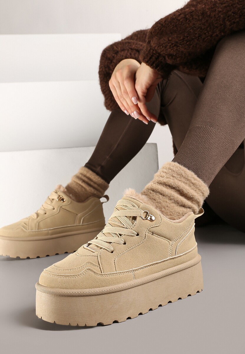 Brązowe Sneakersy Stylizowane na Śniegowce Ozdobione Futerkiem Maviena