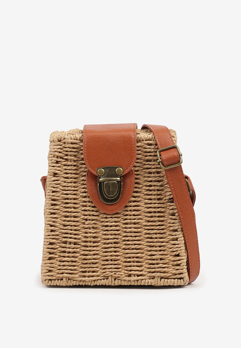 Beżowa Pleciona Torebka Listonoszka o Geometrycznym Kształcie Felowena