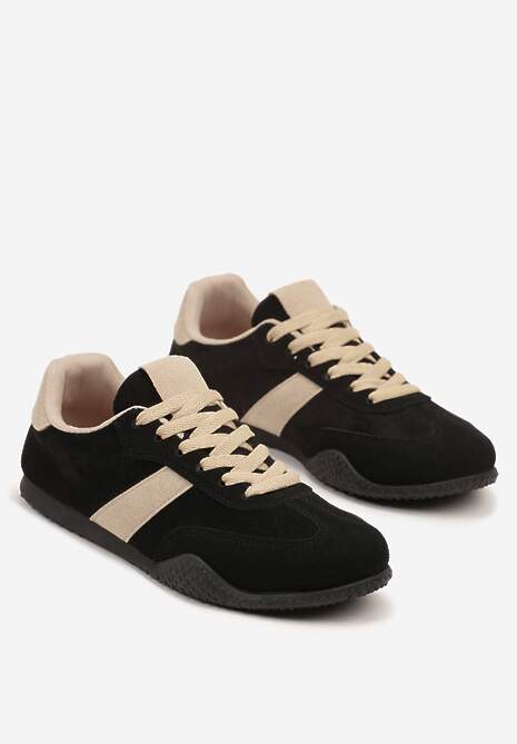 Czarno-Beżowe Sneakersy Ozdobione Tłoczeniem Halennesa